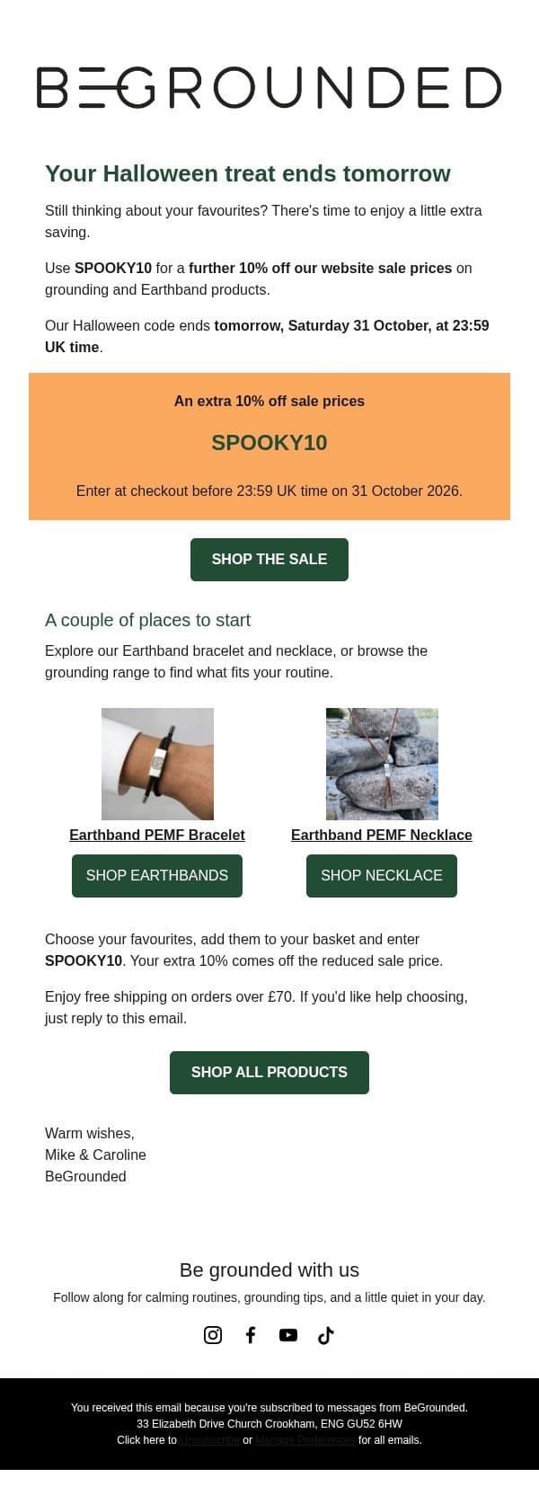 Your Halloween treat ends tomorrow email from BeGrounded screenshot