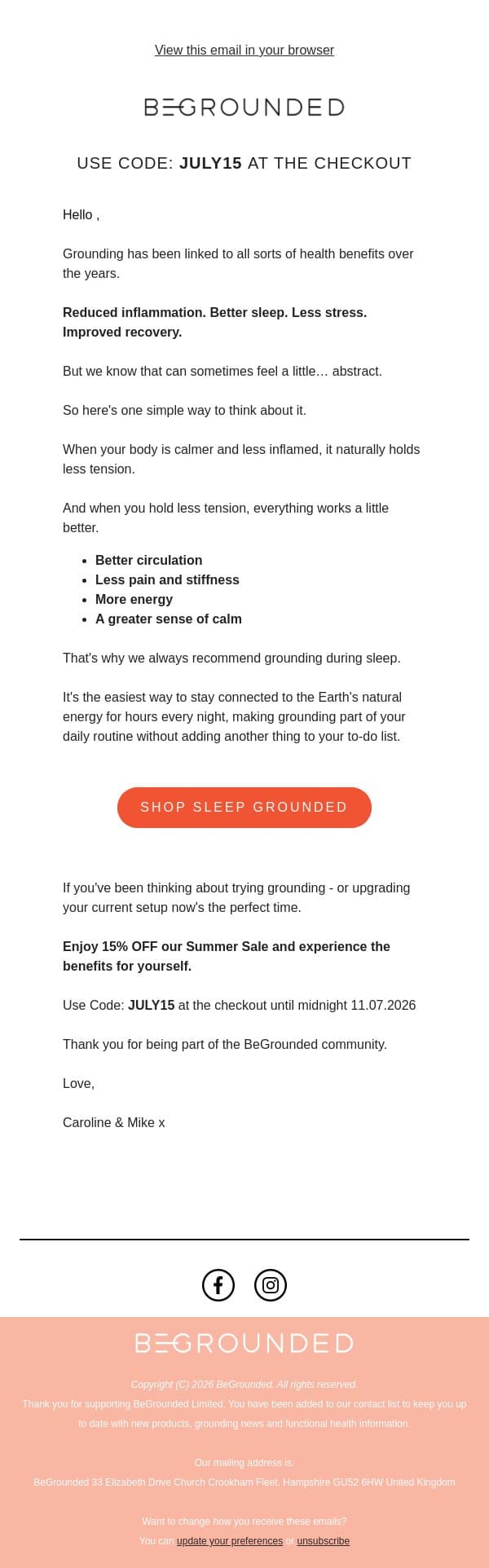 Summer Sale: 15% Off Grounding – Feel The Difference For Yourself email from BeGrounded screenshot