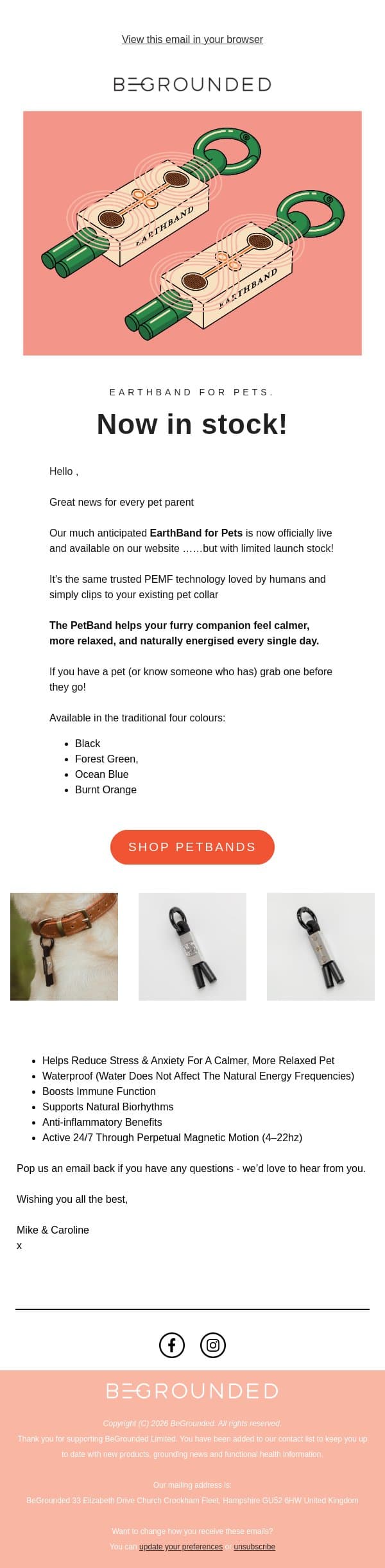 Limited Launch: EarthBand for Pets Available Now! email from BeGrounded screenshot