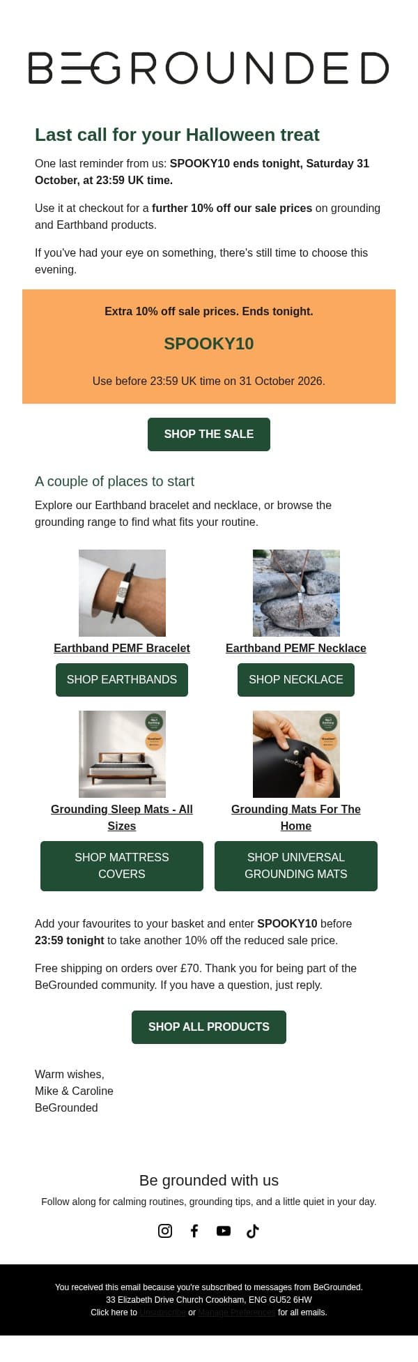 Ends tonight: your extra 10% off sale prices email from BeGrounded screenshot