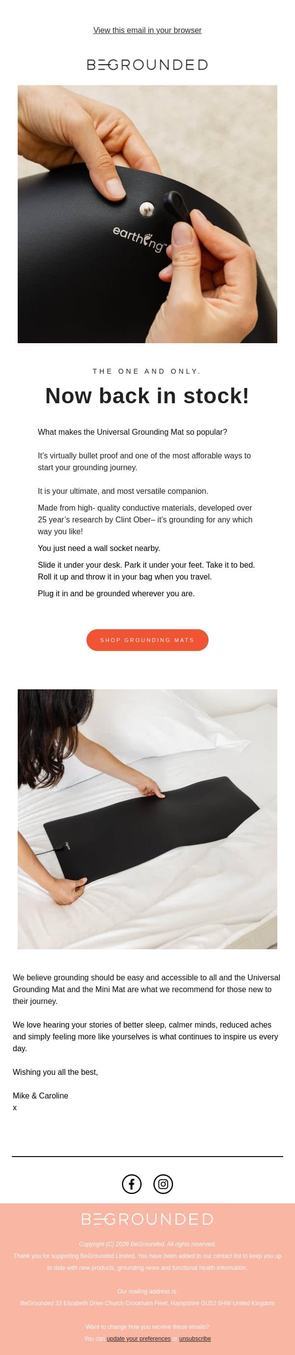 Back In stock | Reintroducing the Universal Grounding Mat email from BeGrounded screenshot