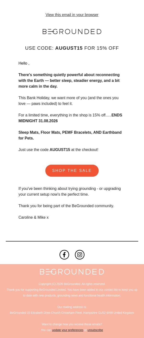 Flash Sale: This Weekend Only, 15% Off email from BeGrounded screenshot