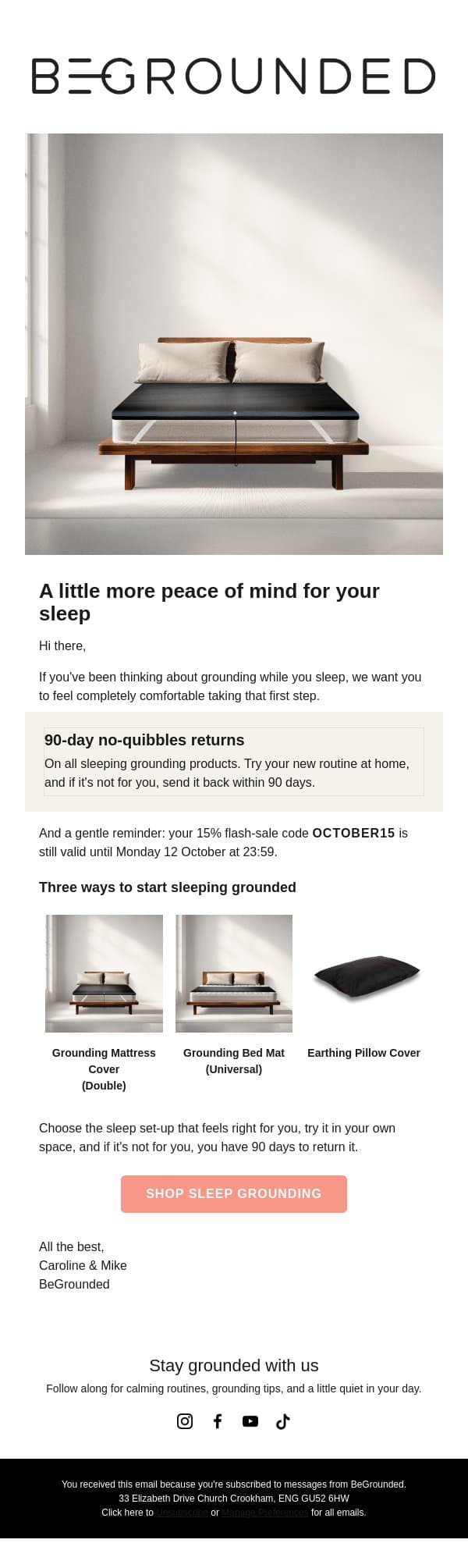 A little more peace of mind for your sleep email from BeGrounded screenshot