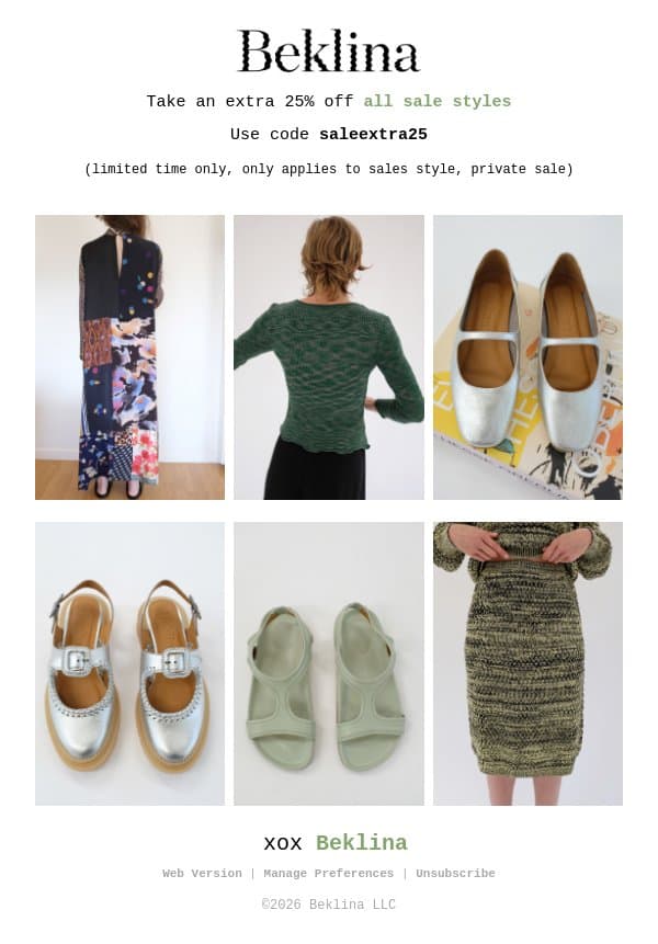 Take an extra 25% off all sale styles email from Beklina screenshot