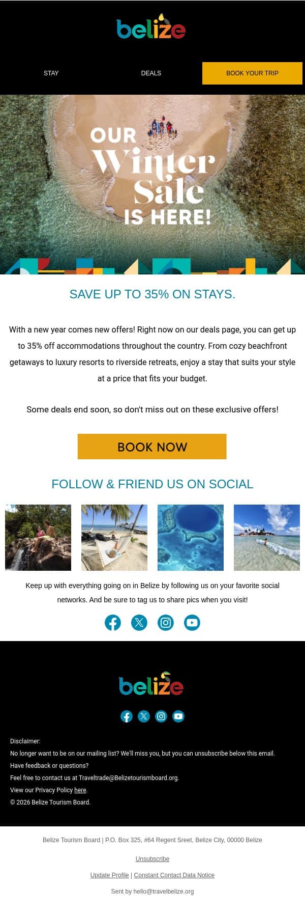 Save 35% on Belize Stays & Discover the #1 Diving Destination email from Belize Tourism Board screenshot