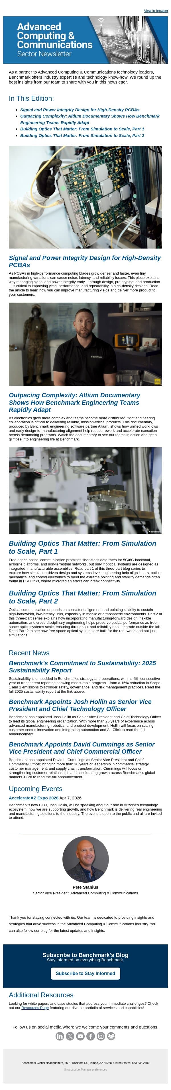 How Optimizing SI/PI Delivers Scalable Manufacturing in Advanced Computing email from Benchmark Electronics, Inc. screenshot
