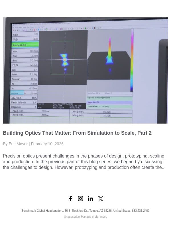 Building Optics That Matter: From Simulation to Scale, Part 2 email from Benchmark Electronics, Inc. screenshot
