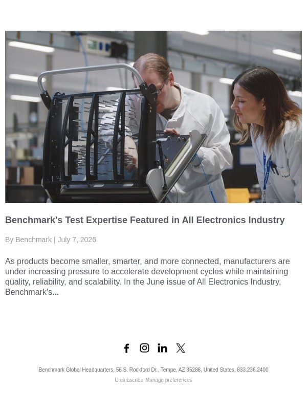 Benchmark's Test Expertise Featured in All Electronics Industry email from Benchmark Electronics, Inc. screenshot