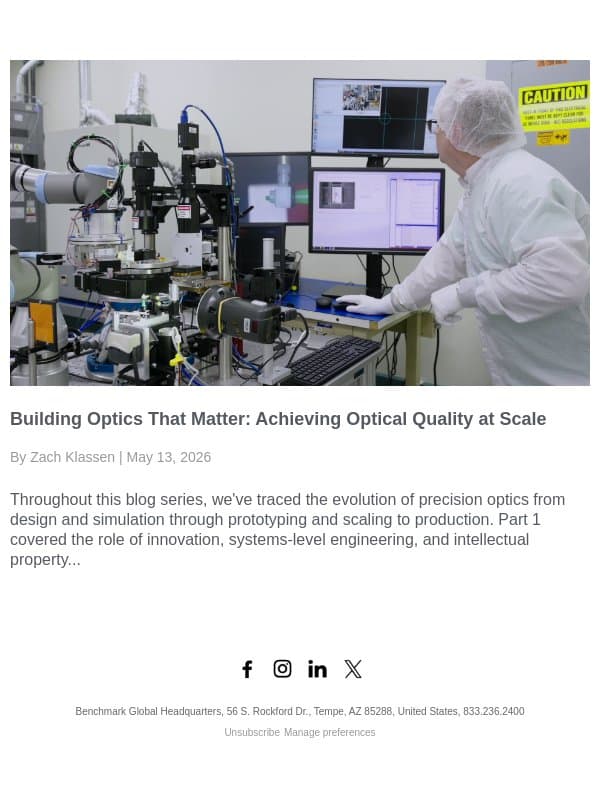 Building Optics That Matter: Achieving Optical Quality at Scale email from Benchmark Electronics, Inc. screenshot