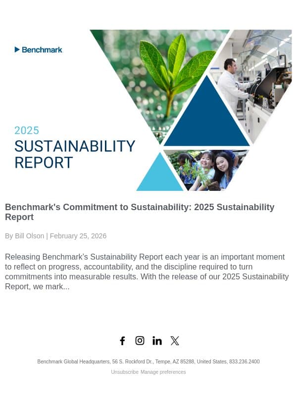 Benchmark's Commitment to Sustainability: 2025 Sustainability Report email from Benchmark Electronics, Inc. screenshot
