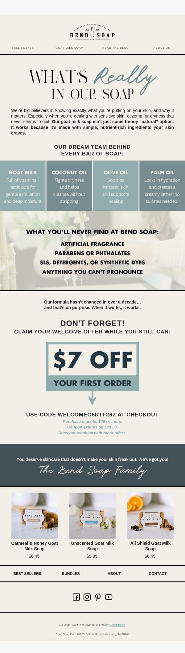 What’s REALLY in our soap 👀🧼 email from Bend Soap Company screenshot