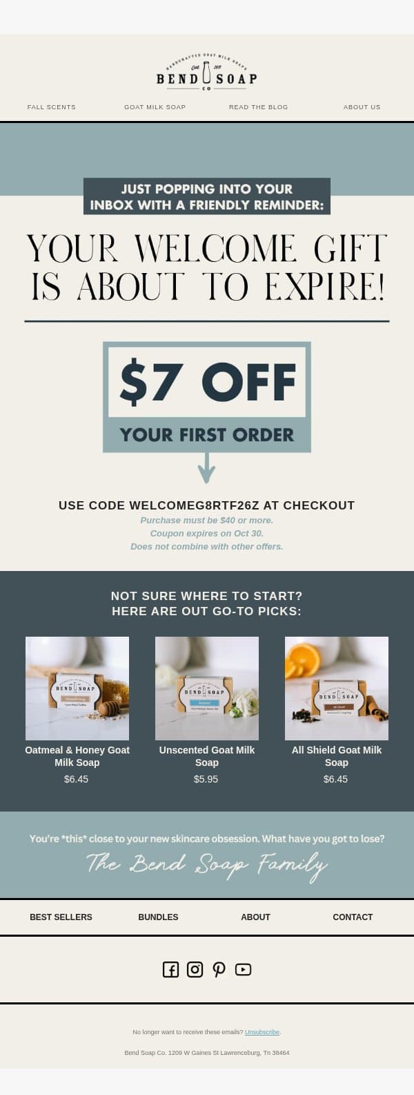 Your welcome gift is about to expire ⏳ email from Bend Soap Company screenshot
