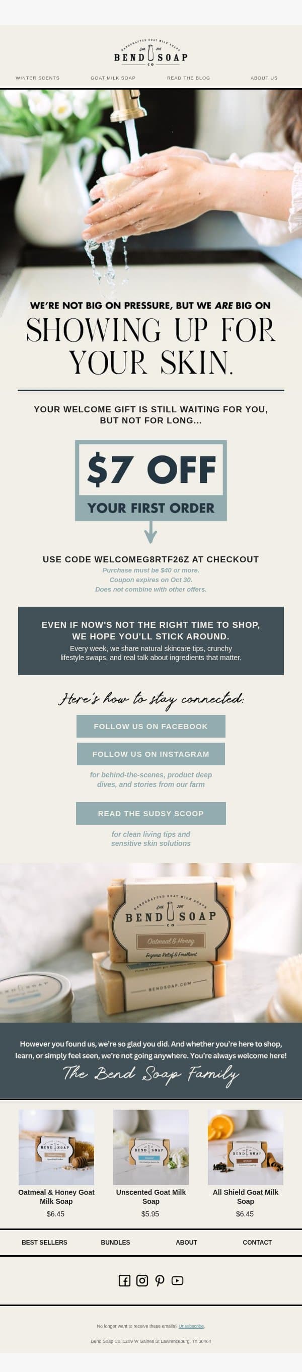 Final call for $7 off! ⏰ email from Bend Soap Company screenshot
