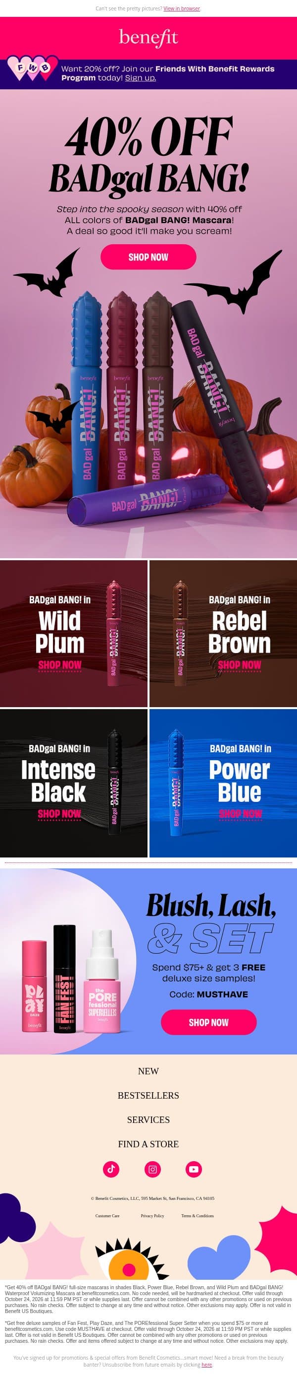 This is scary good: 40% off BADgal BANG! Mascara email from Benefit Cosmetics screenshot