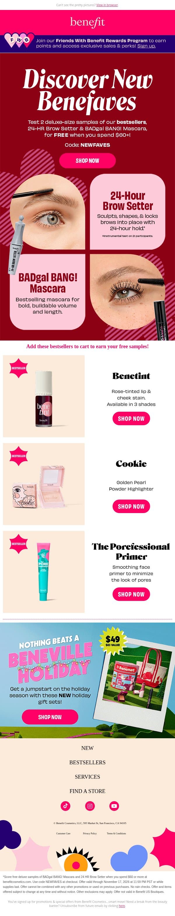 Discover your new favorites with 2 FREE deluxe samples email from Benefit Cosmetics screenshot