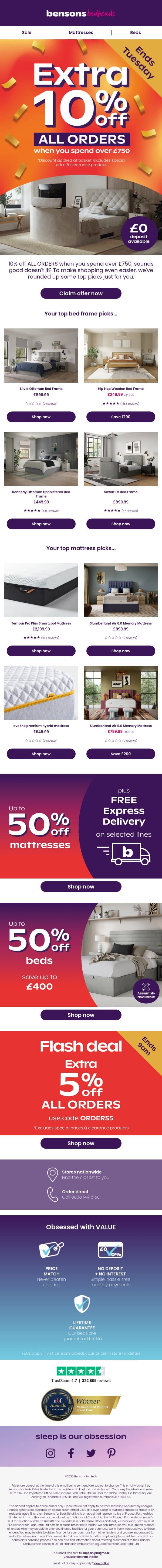 Grab 10% Off All Orders When You Spend Over £750 email from Bensons for Beds screenshot
