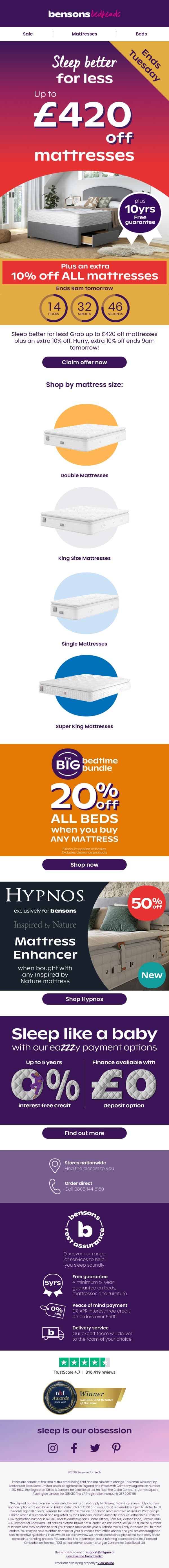 Up To £420 Off Plus An Extra 10% Off Mattresses email from Bensons for Beds screenshot
