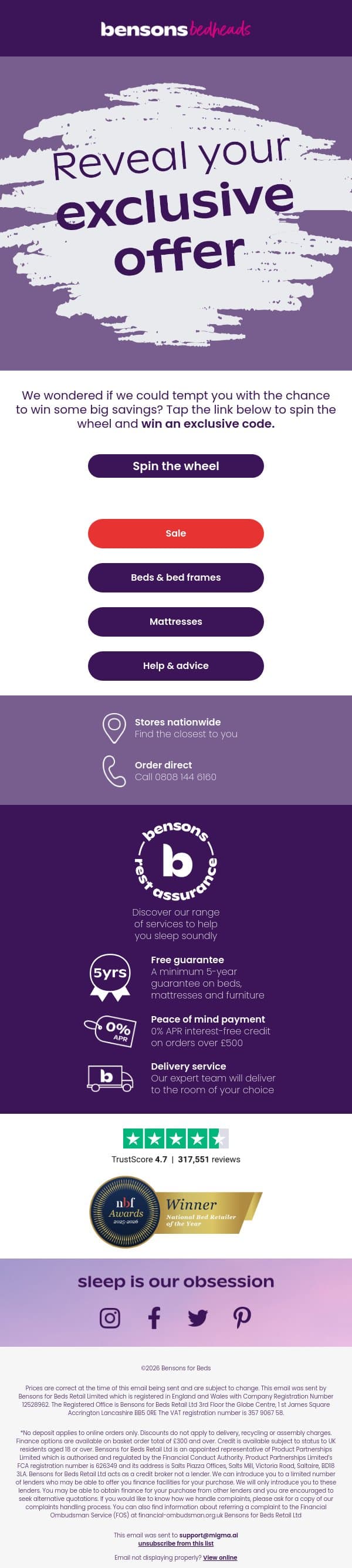 Spin The Wheel To Win… email from Bensons for Beds screenshot