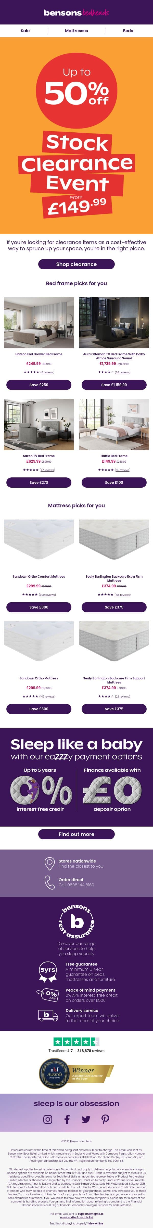 Up To 50% Stock Clearance Now On email from Bensons for Beds screenshot