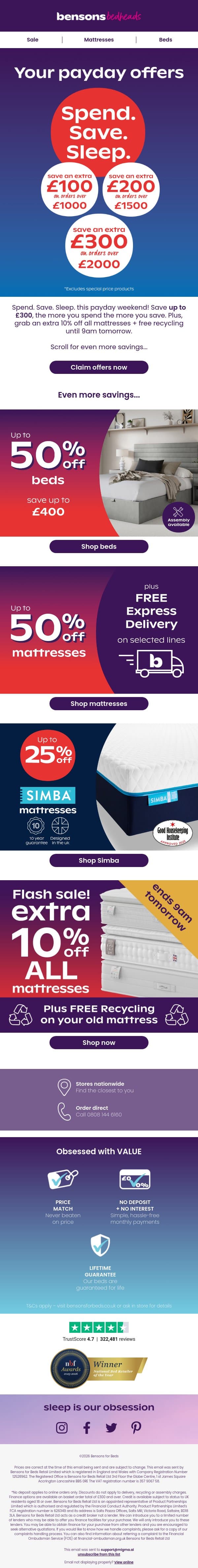 Payday Weekend Offers! email from Bensons for Beds screenshot