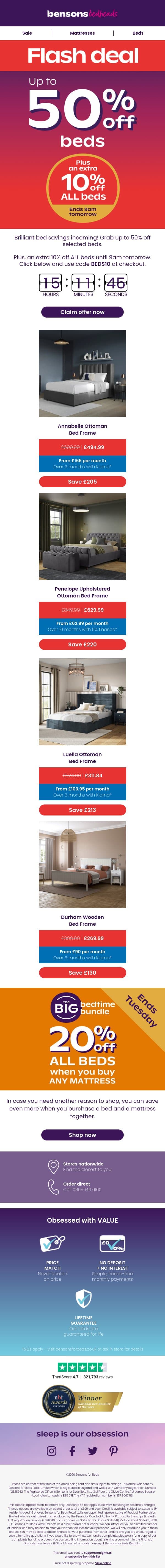 Up To 50% Off + Extra 10% Off ALL Beds 💸 email from Bensons for Beds screenshot