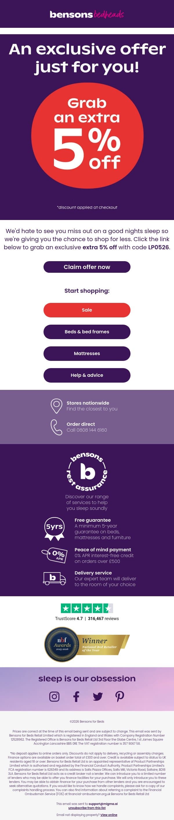 Your Exclusive Offer Is Inside email from Bensons for Beds screenshot