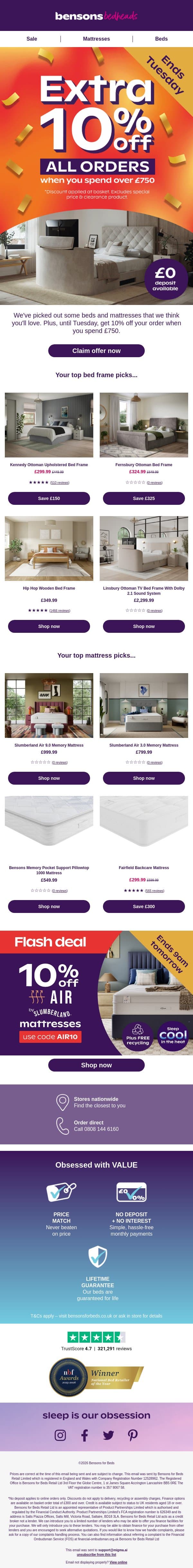 Your Top Picks Are Inside... email from Bensons for Beds screenshot