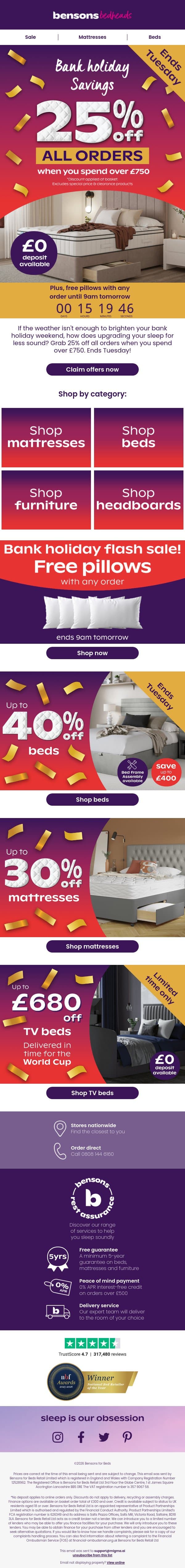 Your Bank Holiday Savings Are Inside email from Bensons for Beds screenshot