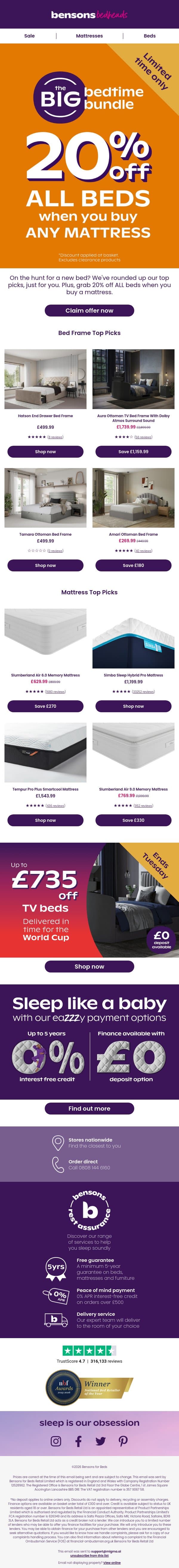 20% Off ALL Beds email from Bensons for Beds screenshot