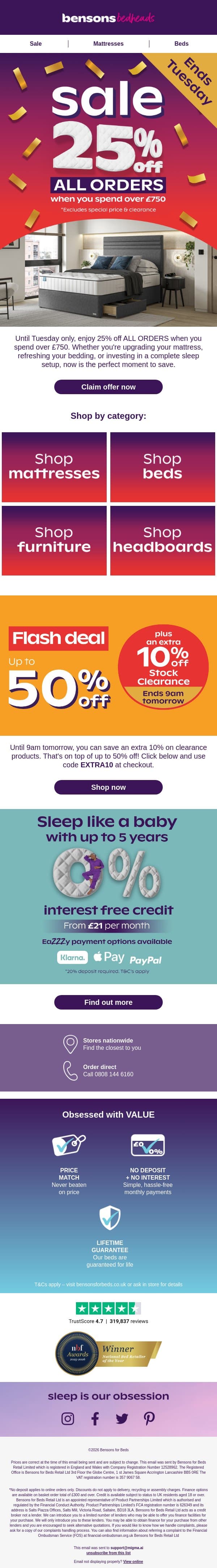 SALE! 25% Off ALL Orders email from Bensons for Beds screenshot