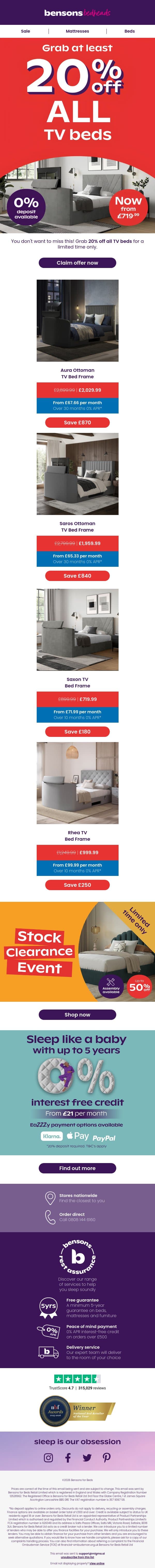 20% Off ALL TV Beds! email from Bensons for Beds screenshot