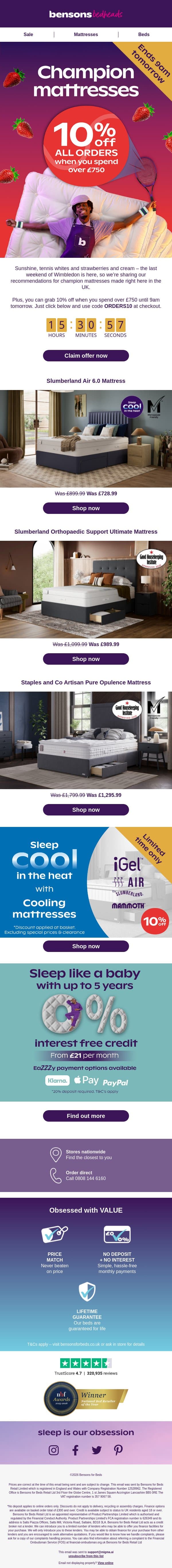 Extra 10% Off When You Spend Over £750 email from Bensons for Beds screenshot