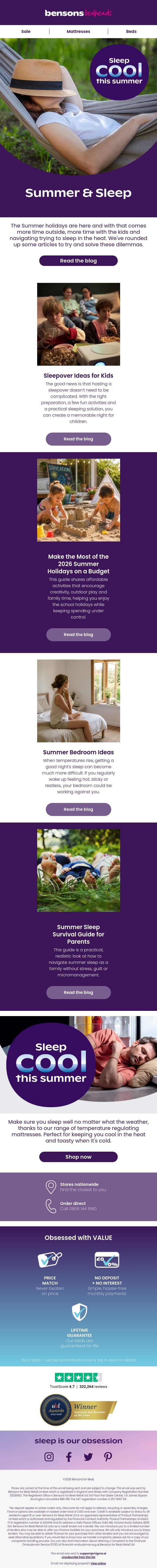 Our Top Tips For Surviving The Summer Holidays & Beyond email from Bensons for Beds screenshot
