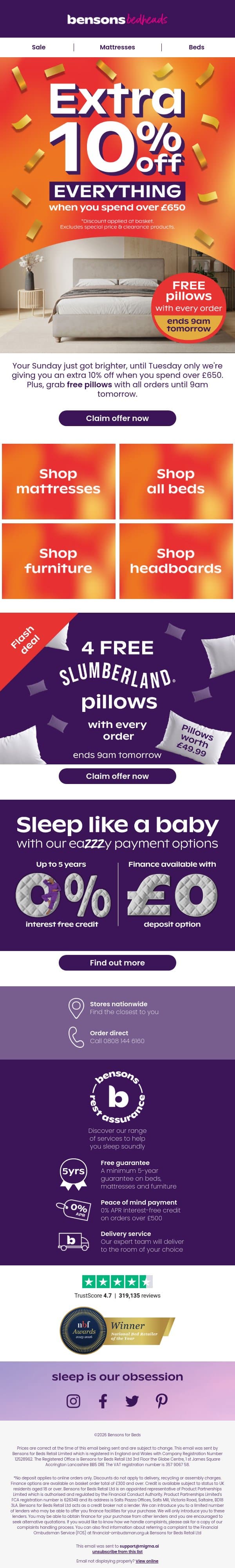 Extra 10% Off £650 + Free Pillows email from Bensons for Beds screenshot