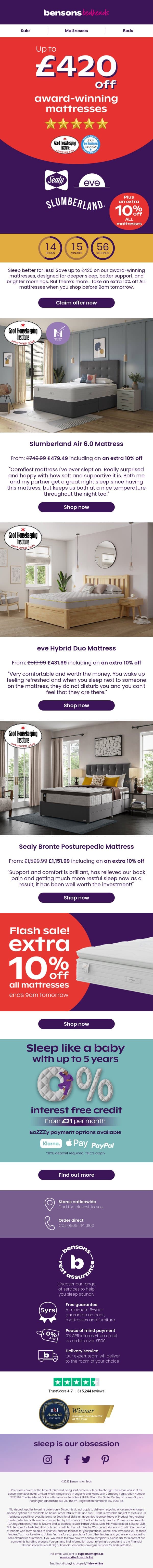 Up To £420 Off Award Winning Mattresses email from Bensons for Beds screenshot