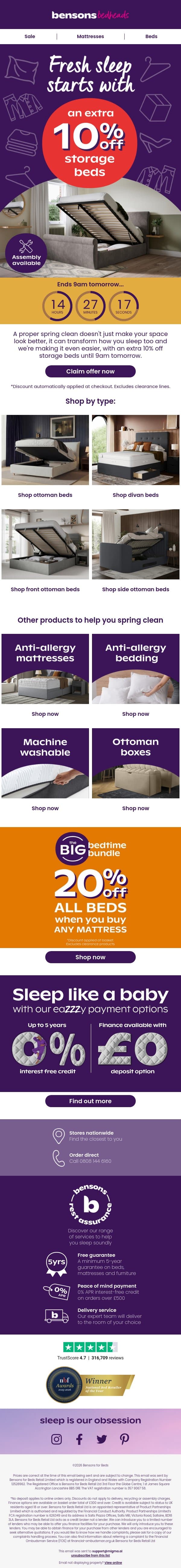 Fresh Sleep Starts With An Extra 10% Off Storage Beds email from Bensons for Beds screenshot