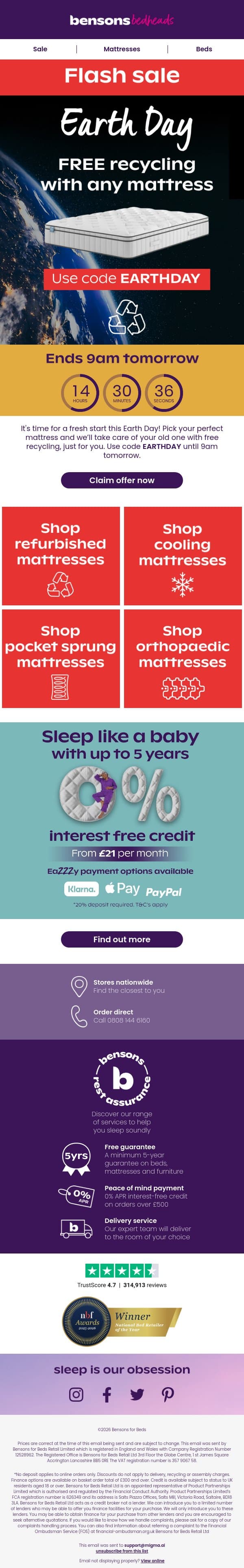 Flash Sale! Free Recycling With Any Mattress ๐ email from Bensons for Beds screenshot