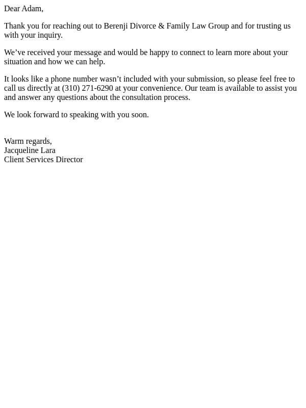 Thank You for Your Inquiry email from Berenji Divorce & Family Law Group