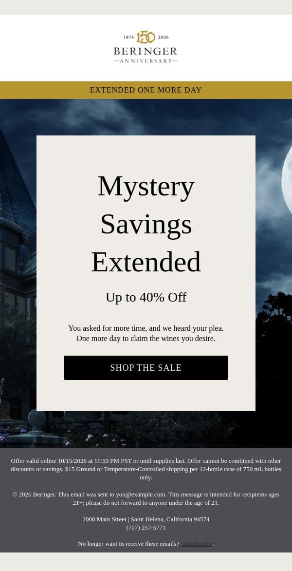 EXTENDED! Up to 40% Off Mystery Savings email from Beringer Vineyards screenshot