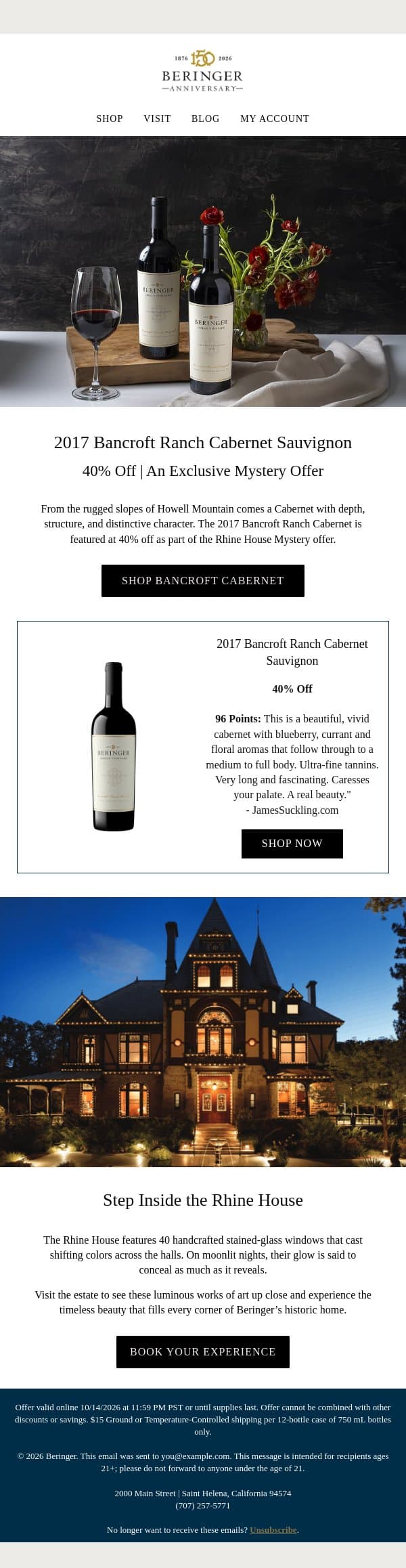 40% Off A Special Single Vineyard Cabernet email from Beringer Vineyards screenshot