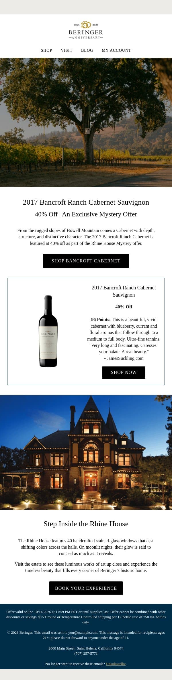 Still Time to Claim 40% Off Single Vineyard Cabernet email from Beringer Vineyards screenshot