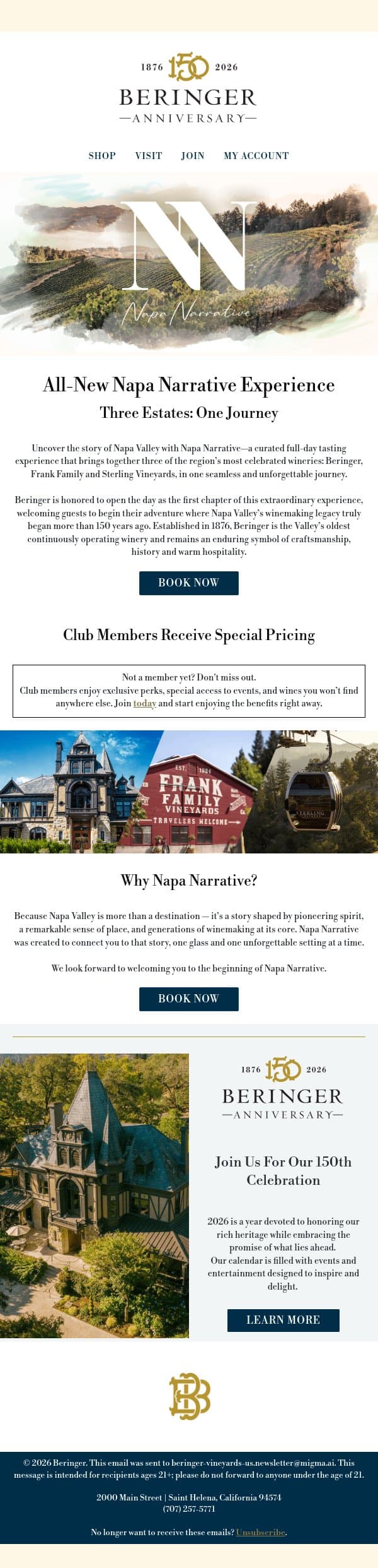 Napa Narrative: Three Estates, One Journey email from Beringer Vineyards screenshot