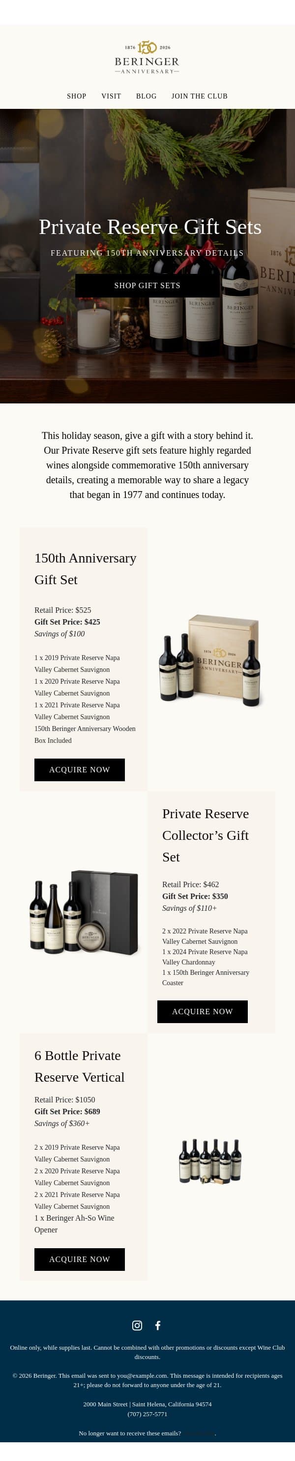 A Special Way to Gift Private Reserve email from Beringer Vineyards screenshot