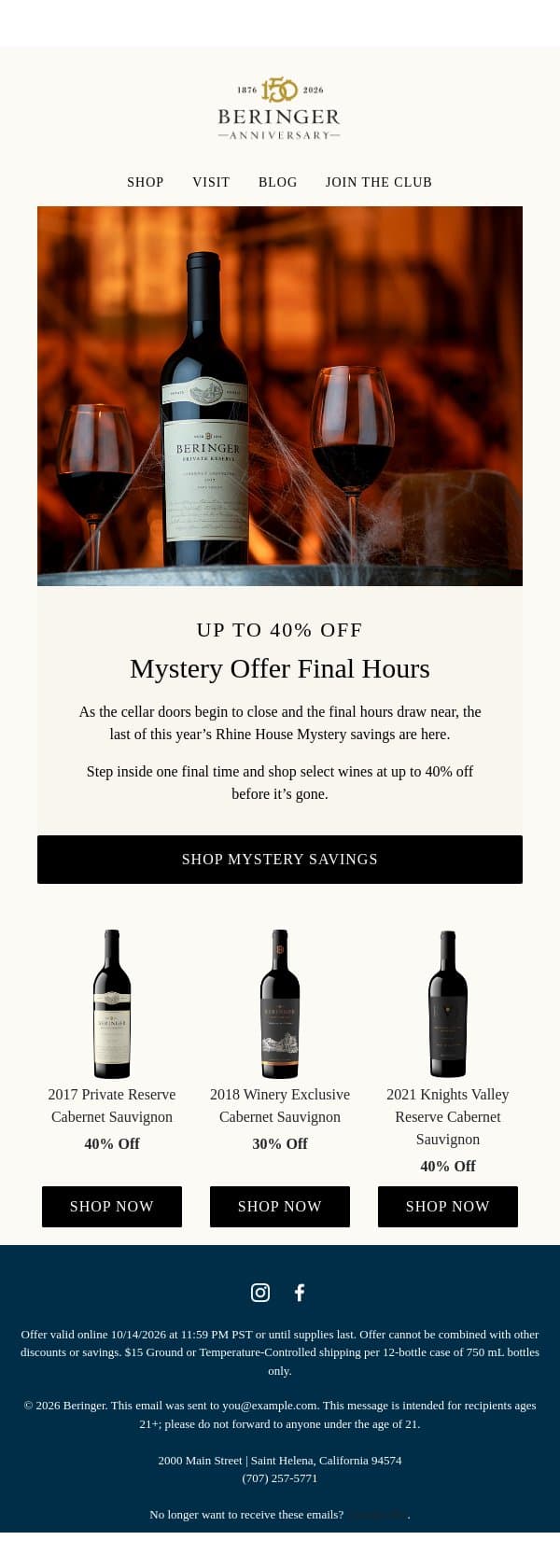 One Final Look: 40% Off Mystery Savings email from Beringer Vineyards screenshot