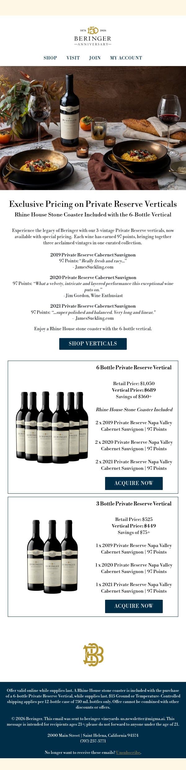 A Special Offer on Private Reserve Verticals email from Beringer Vineyards screenshot