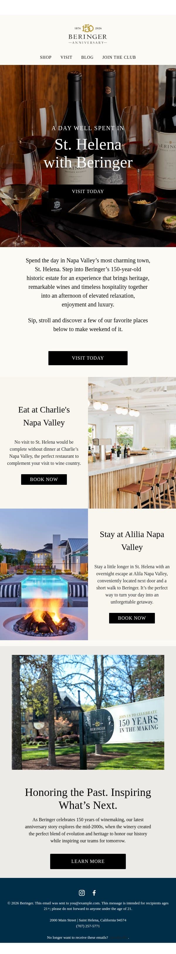 A Perfect Day in St. Helena email from Beringer Vineyards screenshot
