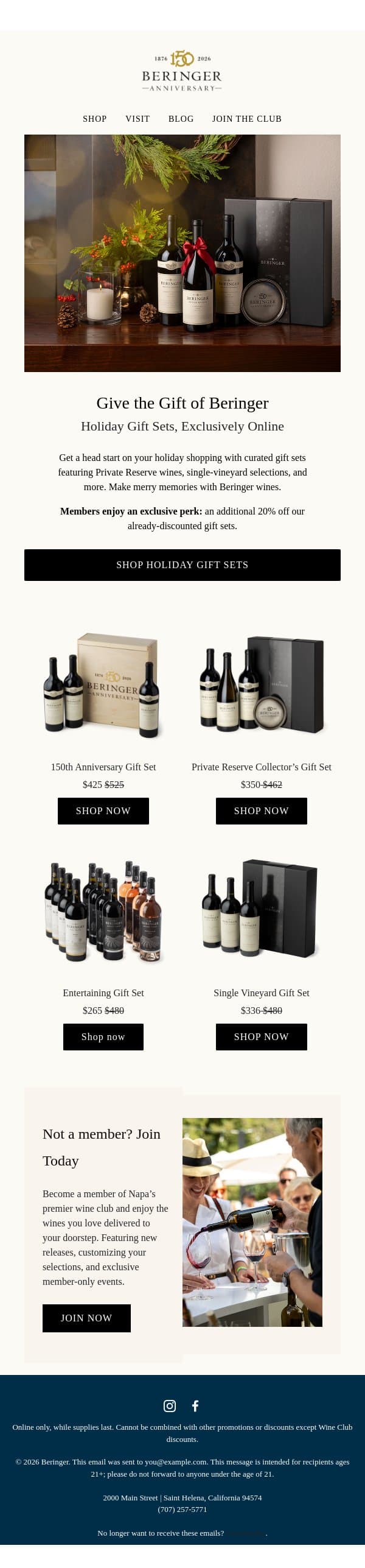Holiday Gift Sets Are Here email from Beringer Vineyards screenshot