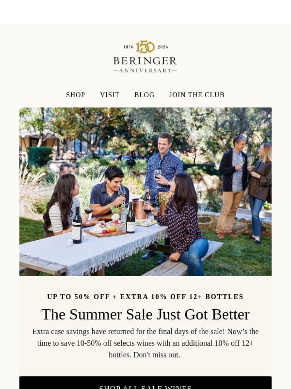 Extra Case Savings Return for Final Days email from Beringer Vineyards