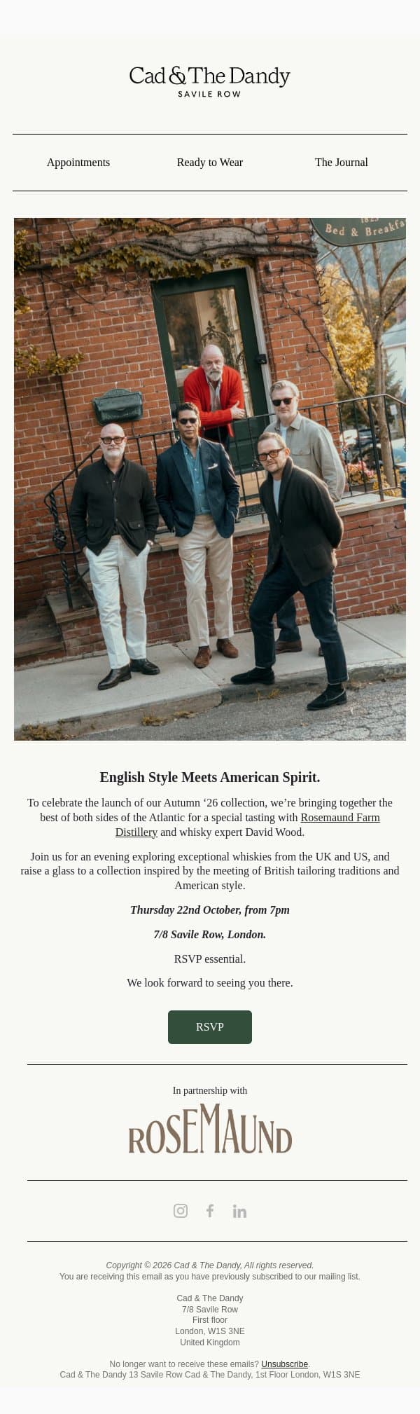 You're Invited: AW26 In Store Event email from Bespoke Atelier (example: Cad & The Dandy) screenshot