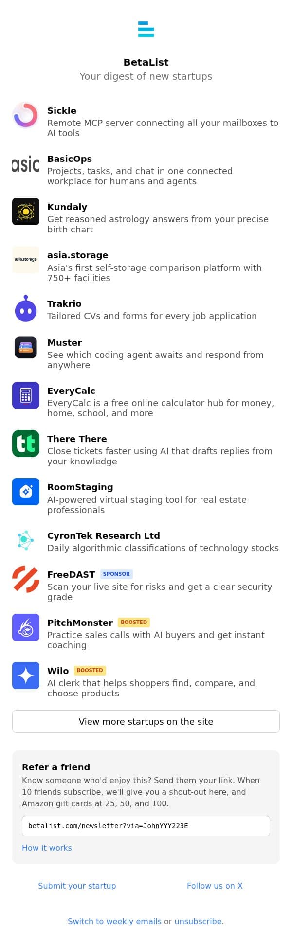 Sickle, BasicOps, Kundaly, asia.storage, Trakrio, and more email from BetaList screenshot